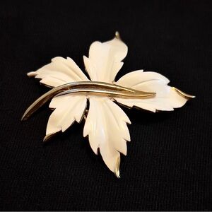 Vintage Metal White Enamel Leaf Brooch with Gold-Tone